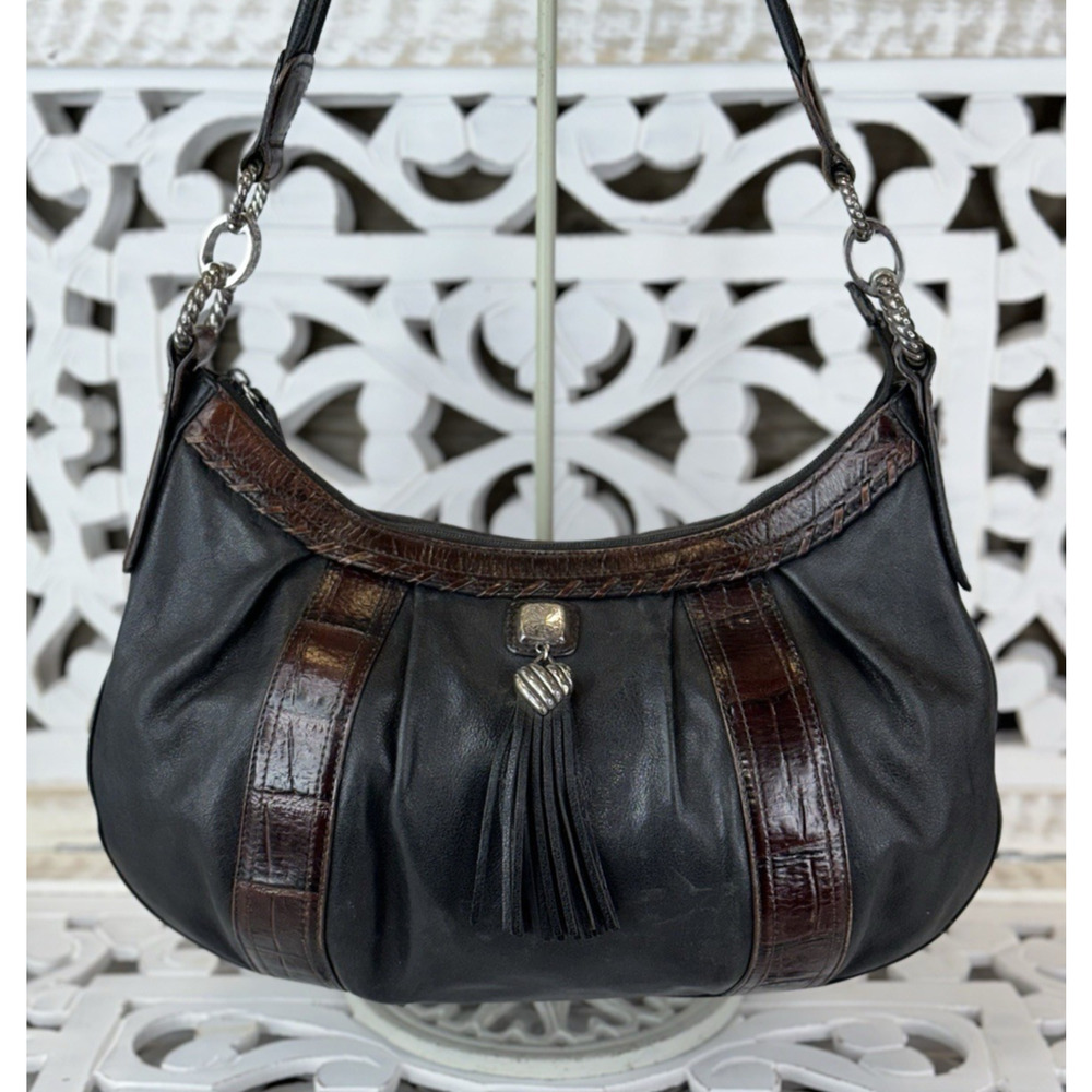 VINTAGE BRIGHTON Purse Croc Leather Black Brown Zip Top Bag Tassel Hobo